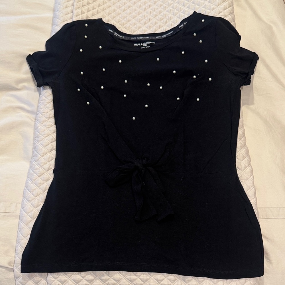 Karl Lagerfeld Black Tee with Pearl Embellishments